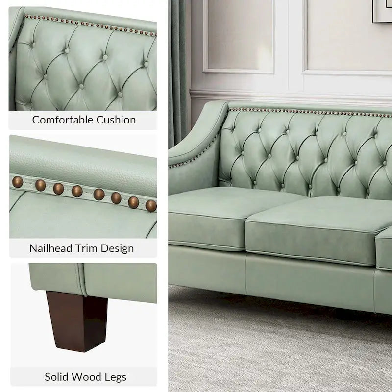 Canapé large de style transitionnel en cuir véritable de 209 cm avec garniture cloutée et dossier capitonné