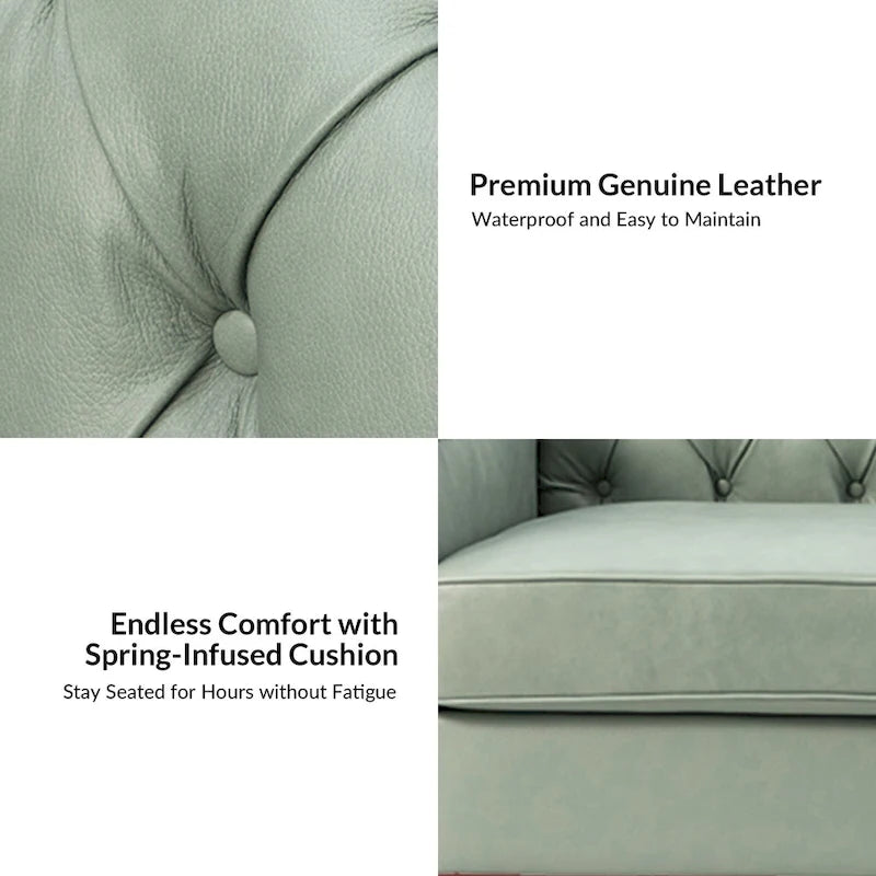 Canapé large de style transitionnel en cuir véritable de 209 cm avec garniture cloutée et dossier capitonné