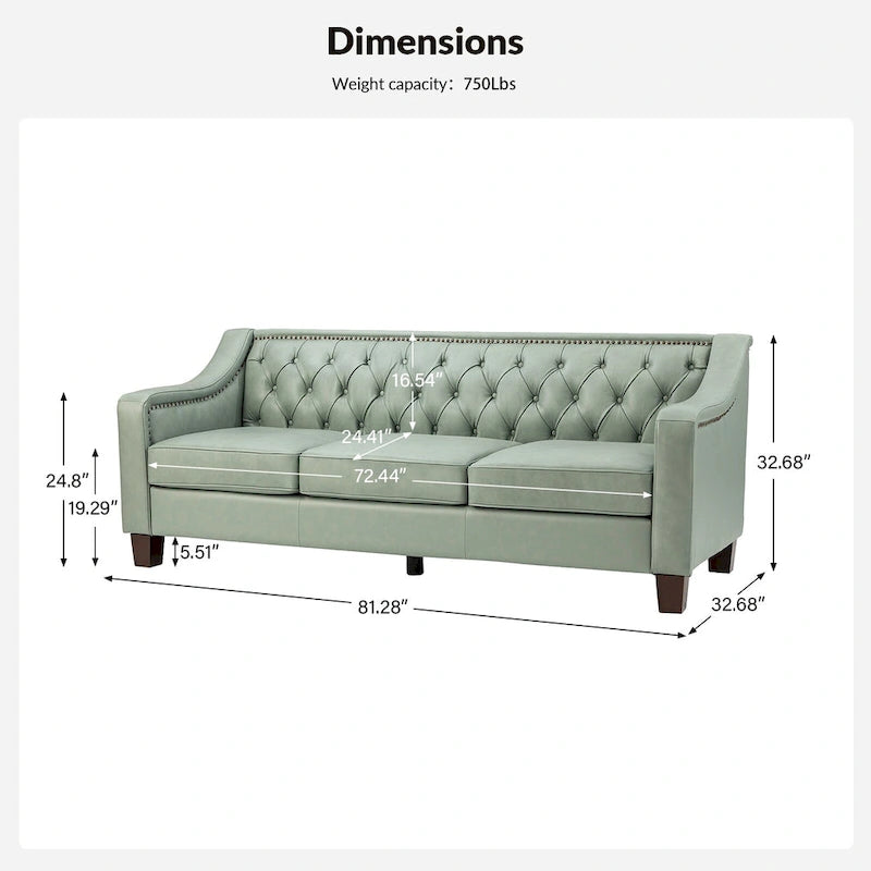 Canapé large de style transitionnel en cuir véritable de 209 cm avec garniture cloutée et dossier capitonné