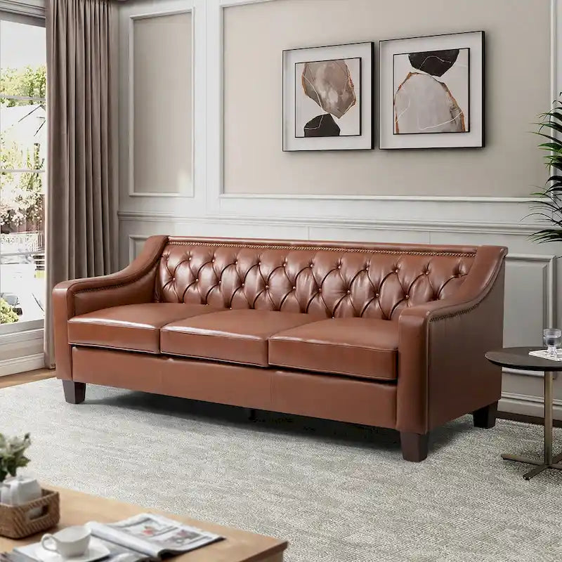 Canapé large de style transitionnel en cuir véritable de 209 cm avec garniture cloutée et dossier capitonné