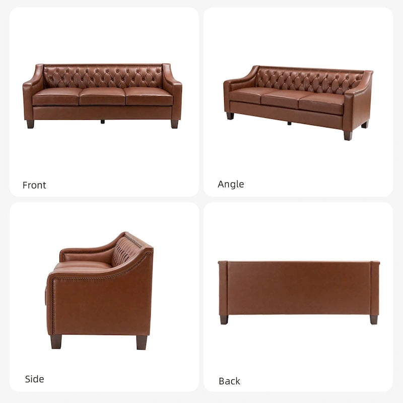Canapé large de style transitionnel en cuir véritable de 209 cm avec garniture cloutée et dossier capitonné