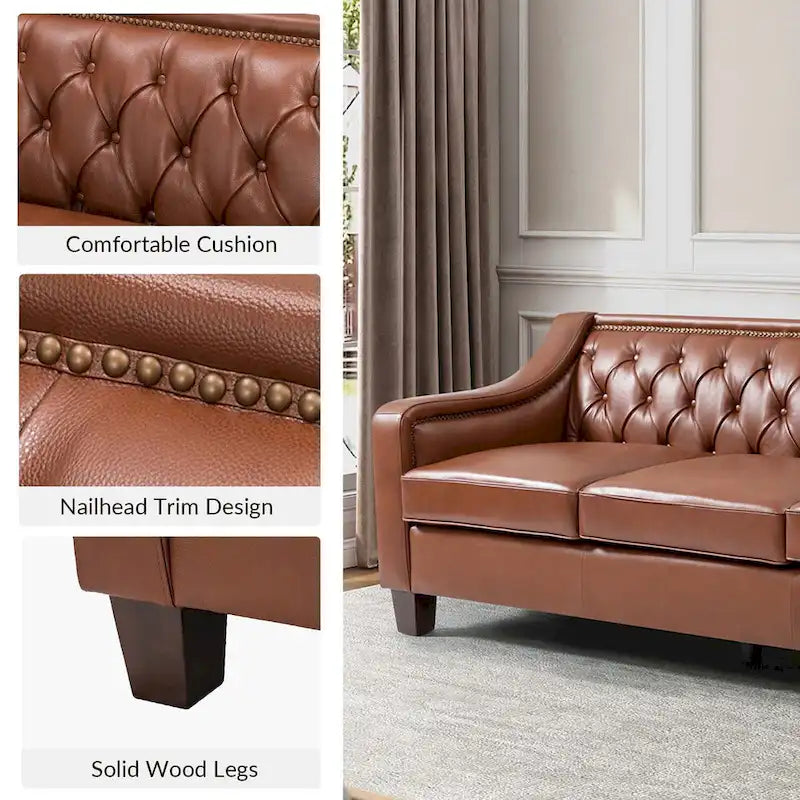 Canapé large de style transitionnel en cuir véritable de 209 cm avec garniture cloutée et dossier capitonné