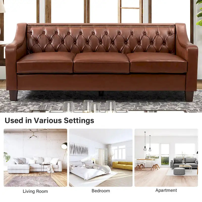 Canapé large de style transitionnel en cuir véritable de 209 cm avec garniture cloutée et dossier capitonné