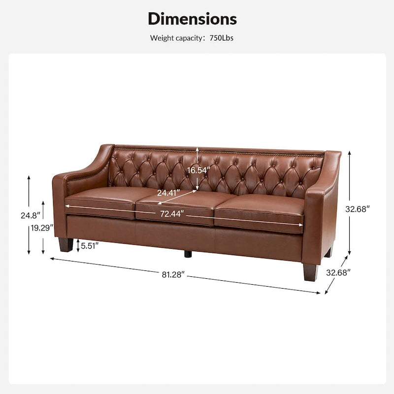 Canapé large de style transitionnel en cuir véritable de 209 cm avec garniture cloutée et dossier capitonné