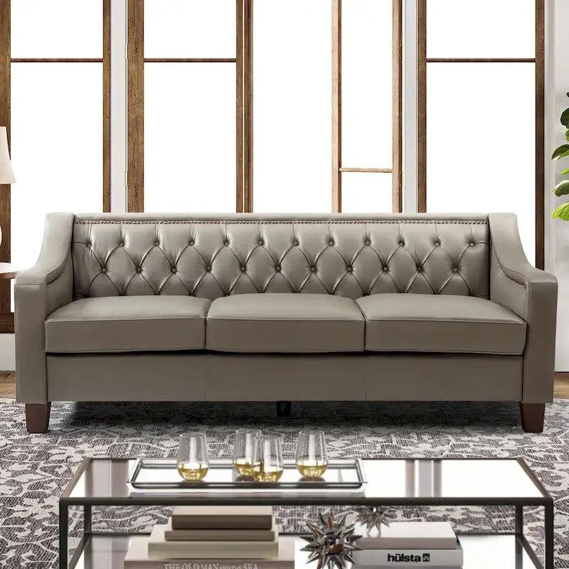 Canapé large de style transitionnel en cuir véritable de 209 cm avec garniture cloutée et dossier capitonné