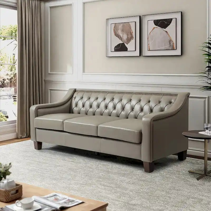 Canapé large de style transitionnel en cuir véritable de 209 cm avec garniture cloutée et dossier capitonné