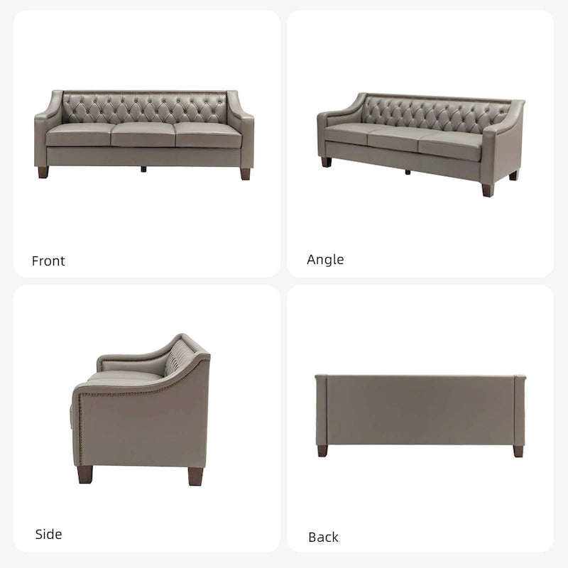 Canapé large de style transitionnel en cuir véritable de 209 cm avec garniture cloutée et dossier capitonné