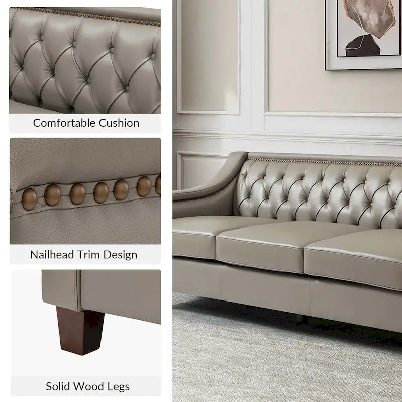Canapé large de style transitionnel en cuir véritable de 209 cm avec garniture cloutée et dossier capitonné