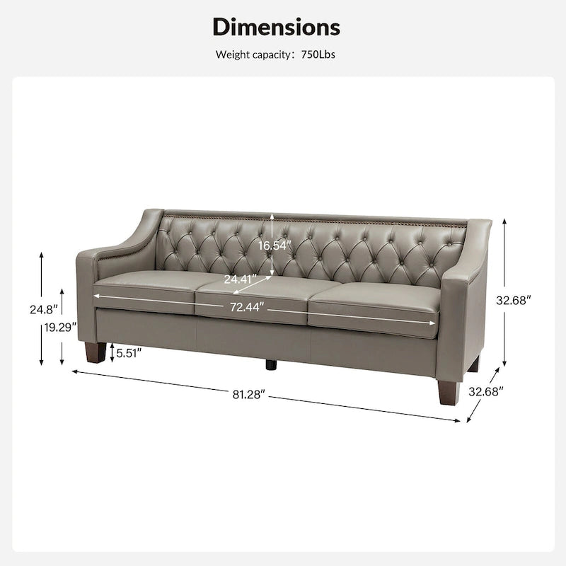 Canapé large de style transitionnel en cuir véritable de 209 cm avec garniture cloutée et dossier capitonné