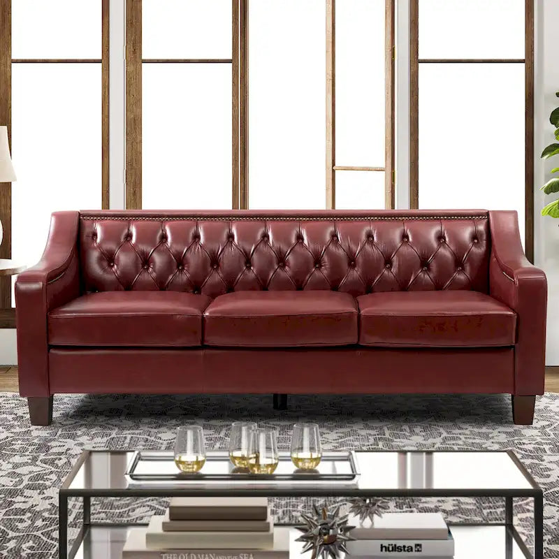 Canapé large de style transitionnel en cuir véritable de 209 cm avec garniture cloutée et dossier capitonné