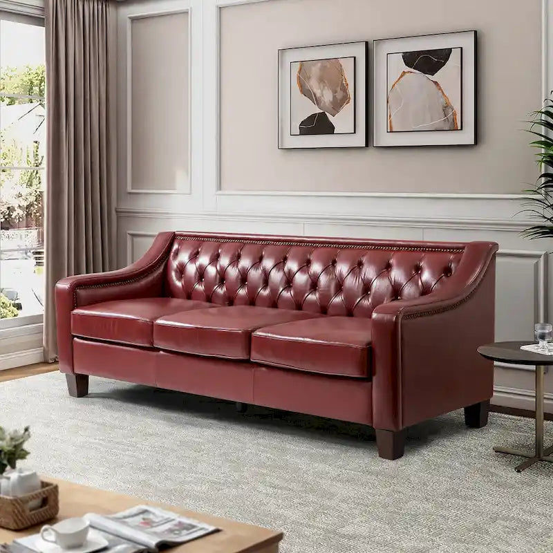 Canapé large de style transitionnel en cuir véritable de 209 cm avec garniture cloutée et dossier capitonné
