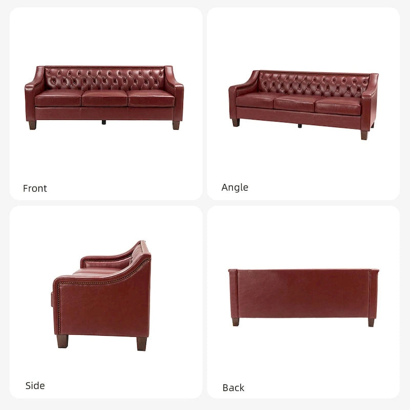 Canapé large de style transitionnel en cuir véritable de 209 cm avec garniture cloutée et dossier capitonné