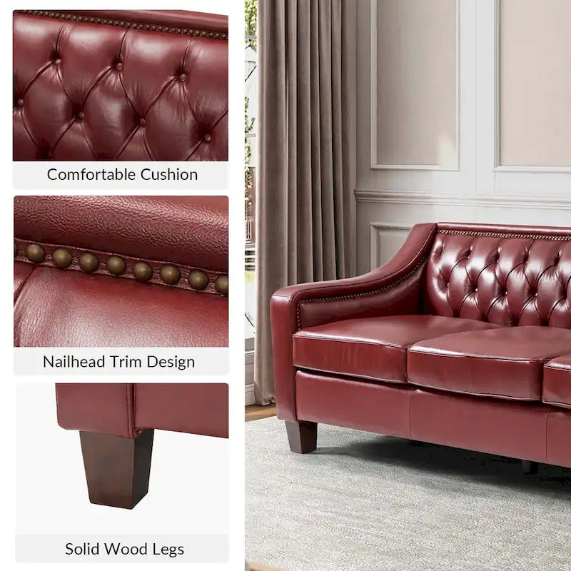 Canapé large de style transitionnel en cuir véritable de 209 cm avec garniture cloutée et dossier capitonné