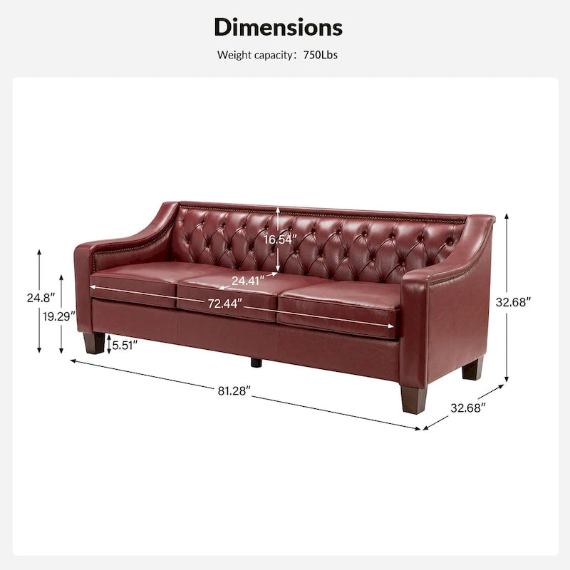 Canapé large de style transitionnel en cuir véritable de 209 cm avec garniture cloutée et dossier capitonné