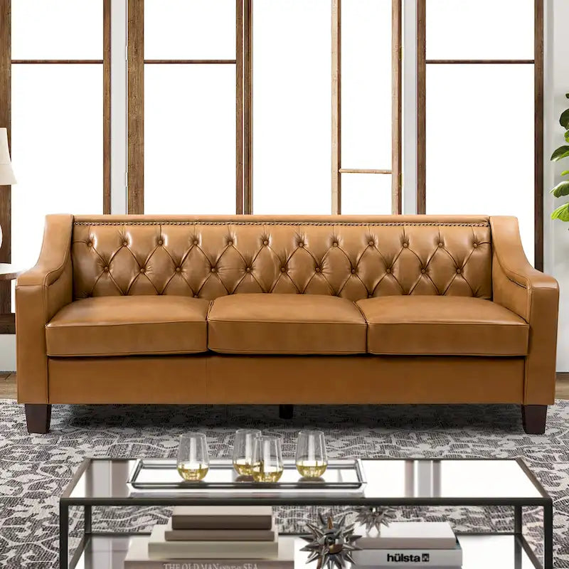Canapé large de style transitionnel en cuir véritable de 209 cm avec garniture cloutée et dossier capitonné