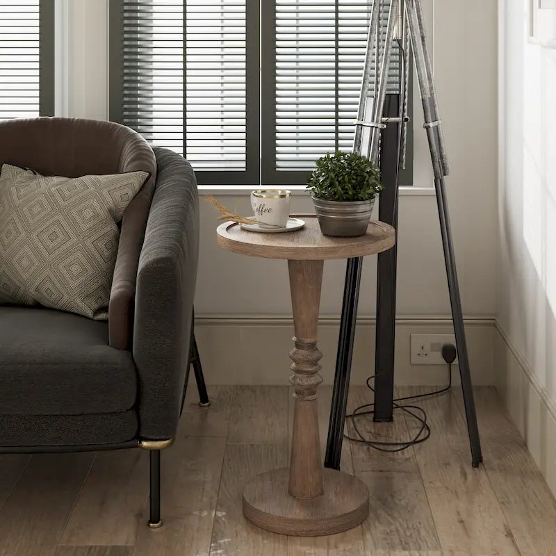 Petite table à boire sur pied, table d'appoint à plateau de style ferme, finition vieillie, traditionnelle