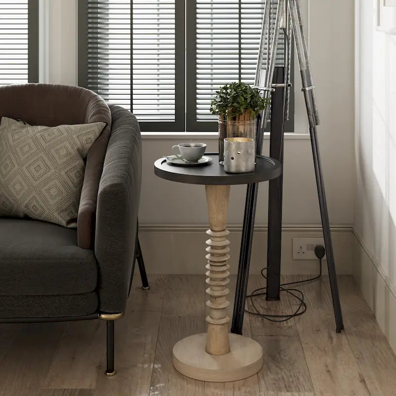 Petite table à boire sur pied, table d'appoint à plateau de style ferme, finition vieillie, traditionnelle