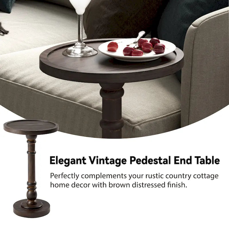 Petite table à boire sur pied, table d'appoint à plateau de style ferme, finition vieillie, traditionnelle