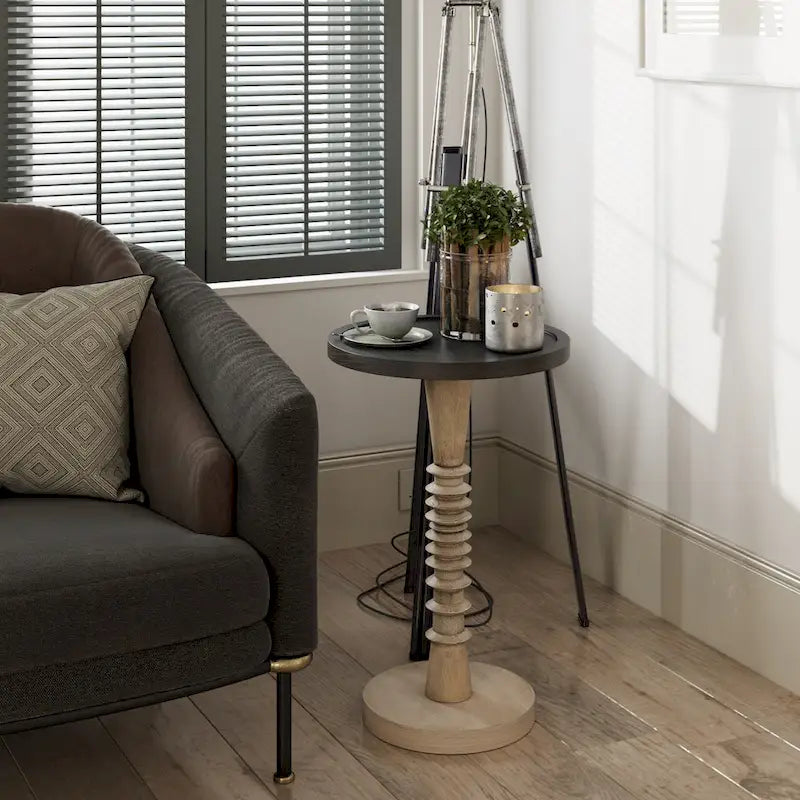 Petite table à boire sur pied, table d'appoint à plateau de style ferme, finition vieillie, traditionnelle
