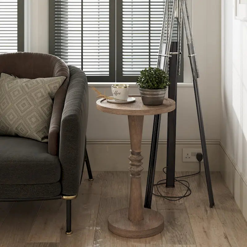Petite table à boire sur pied, table d'appoint à plateau de style ferme, finition vieillie, traditionnelle