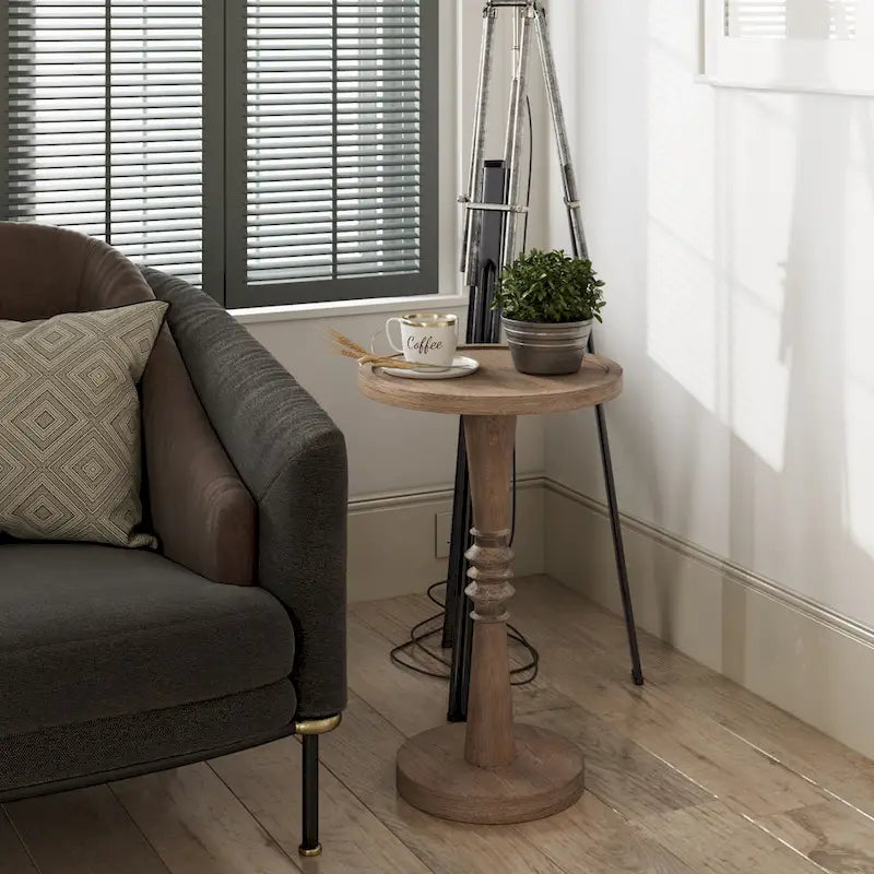 Petite table à boire sur pied, table d'appoint à plateau de style ferme, finition vieillie, traditionnelle