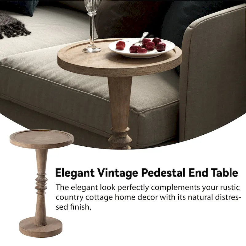 Petite table à boire sur pied, table d'appoint à plateau de style ferme, finition vieillie, traditionnelle