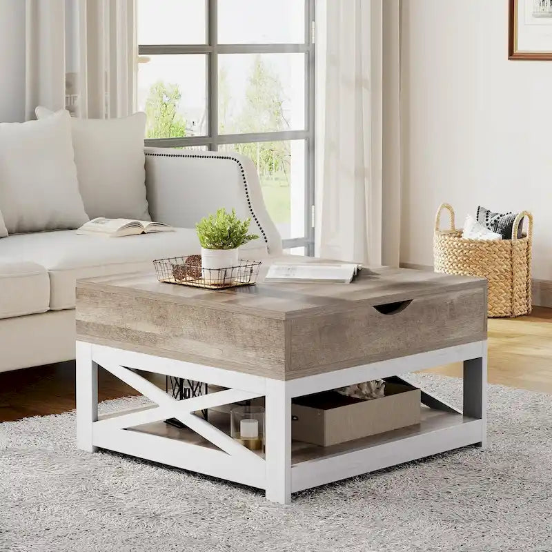 Table basse carrée à plateau relevable de style rustique avec rangement et étagère