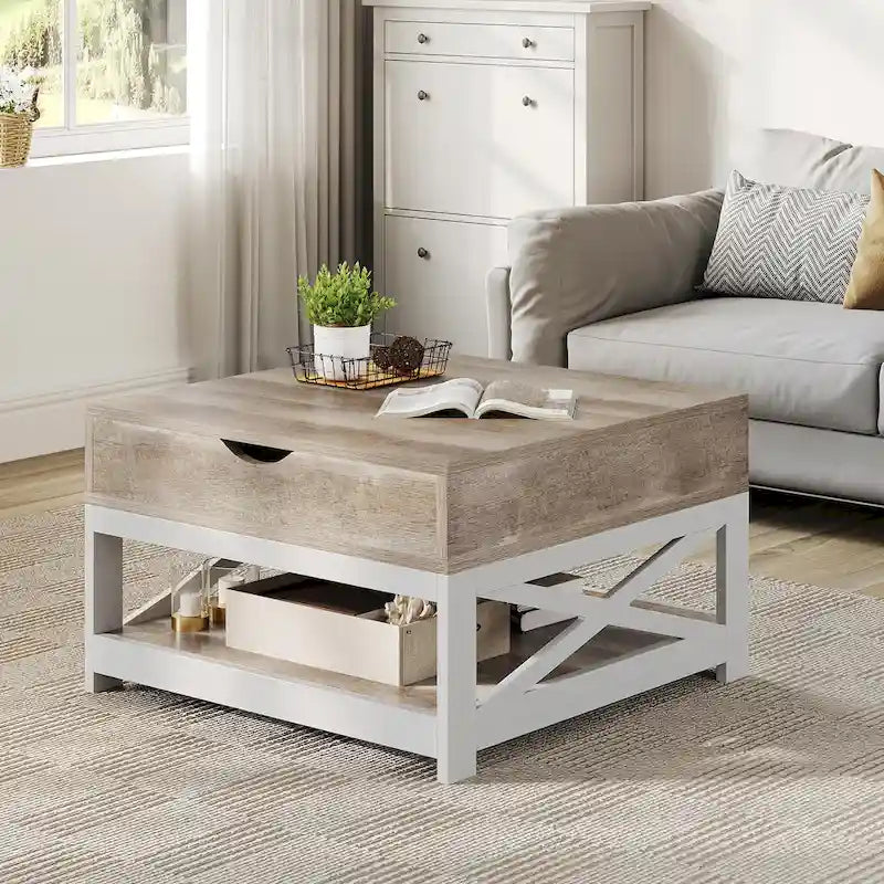Table basse carrée à plateau relevable de style rustique avec rangement et étagère