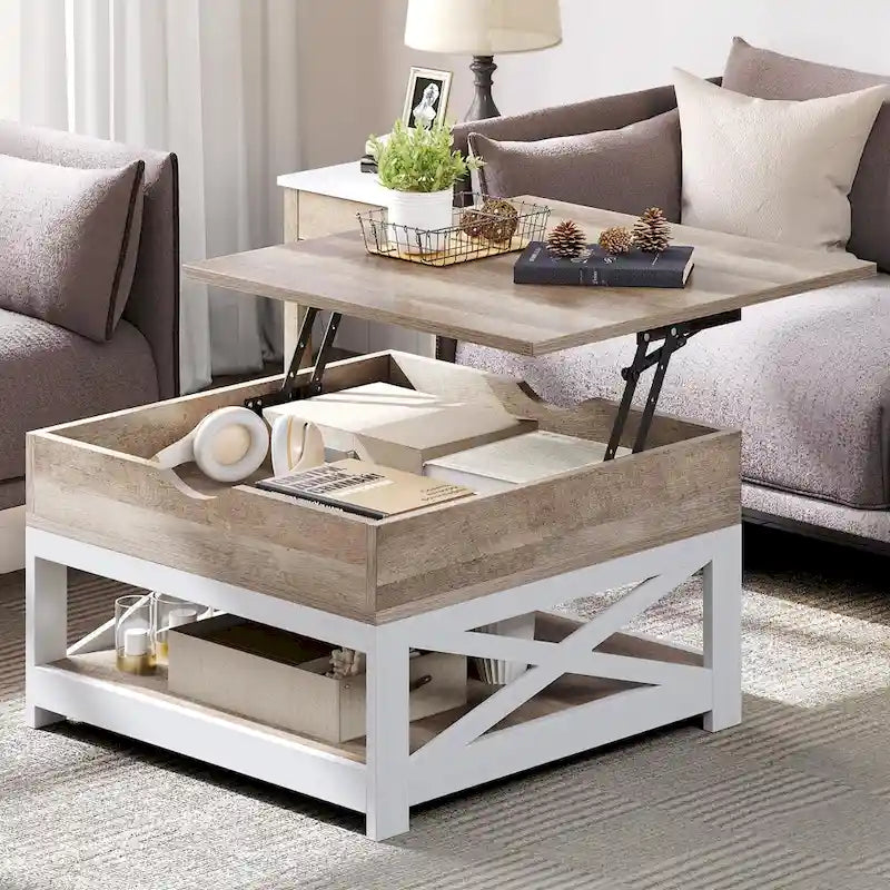 Table basse carrée à plateau relevable de style rustique avec rangement et étagère