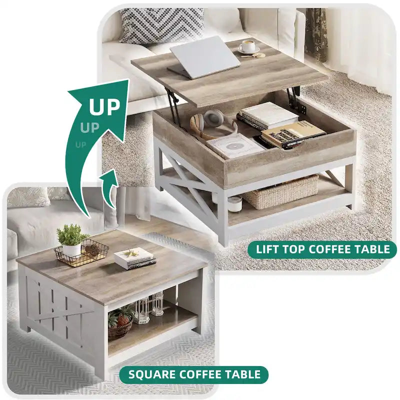 Table basse carrée à plateau relevable de style rustique avec rangement et étagère