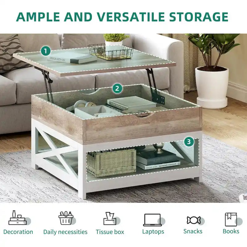Table basse carrée à plateau relevable de style rustique avec rangement et étagère