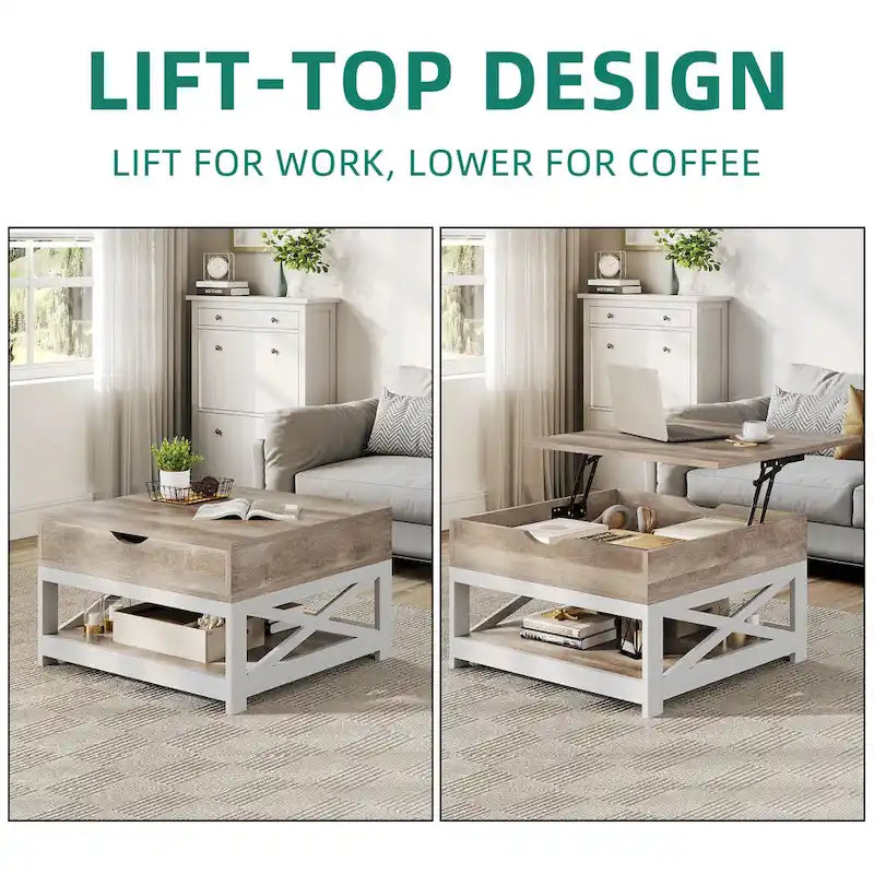 Table basse carrée à plateau relevable de style rustique avec rangement et étagère
