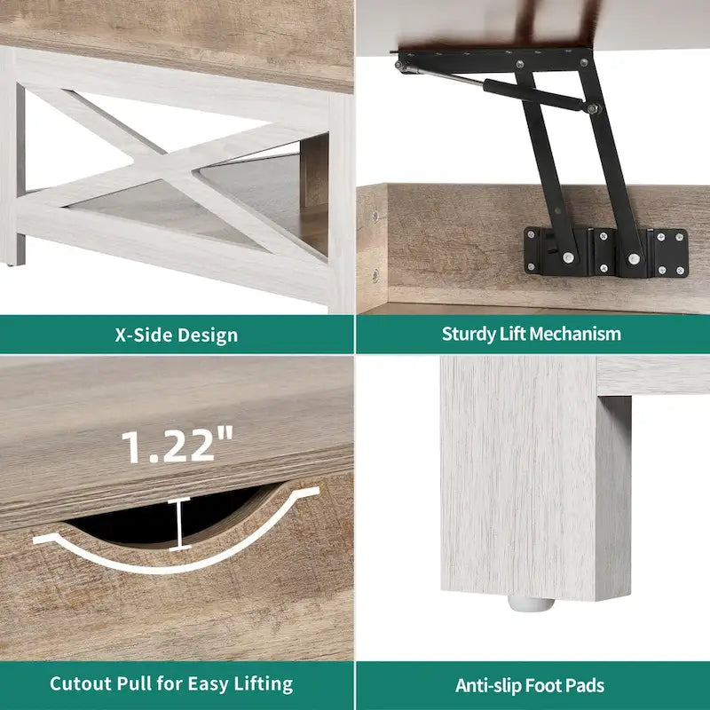 Table basse carrée à plateau relevable de style rustique avec rangement et étagère