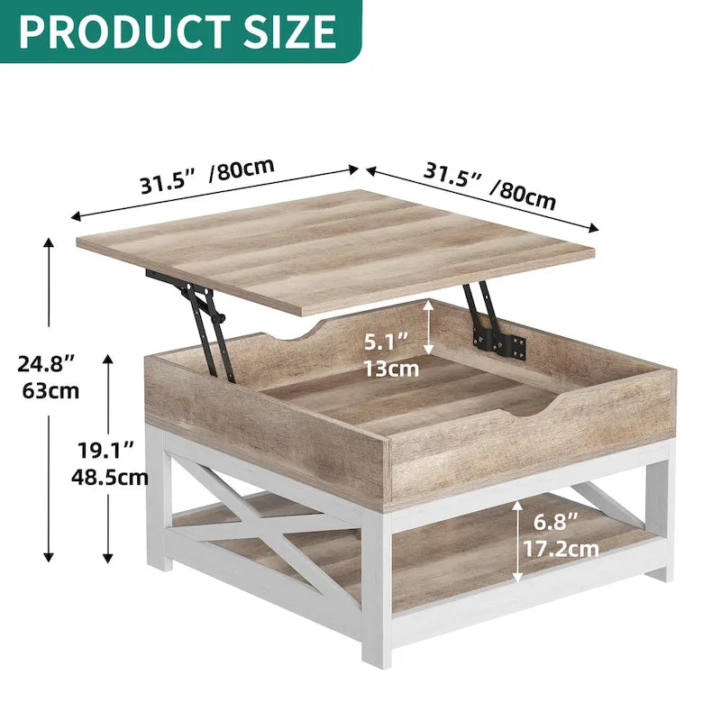 Table basse carrée à plateau relevable de style rustique avec rangement et étagère