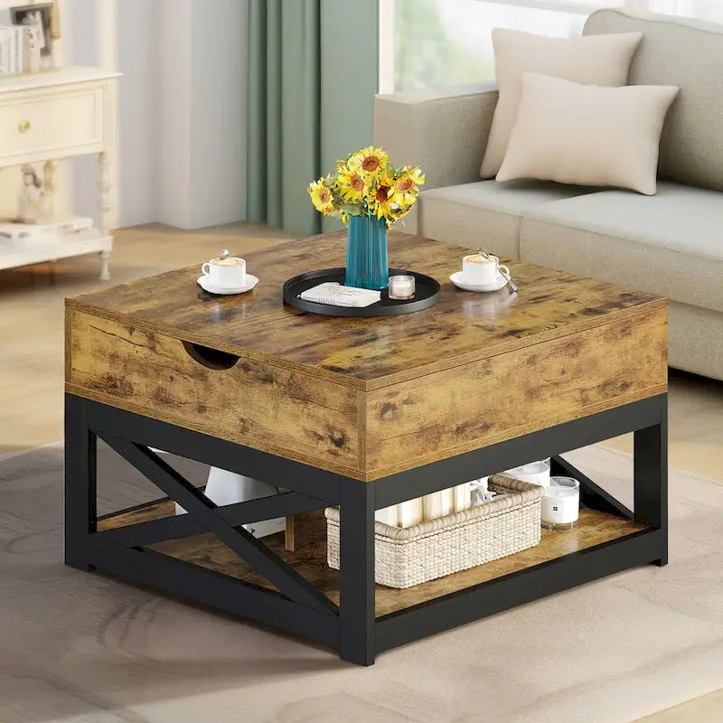 Table basse carrée à plateau relevable de style rustique avec rangement et étagère