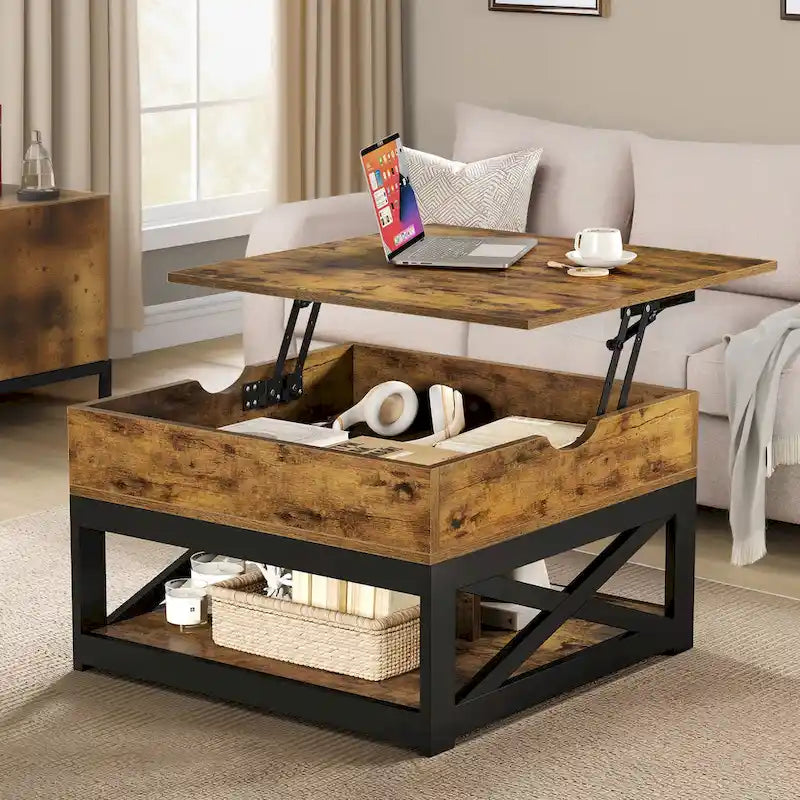 Table basse carrée à plateau relevable de style rustique avec rangement et étagère