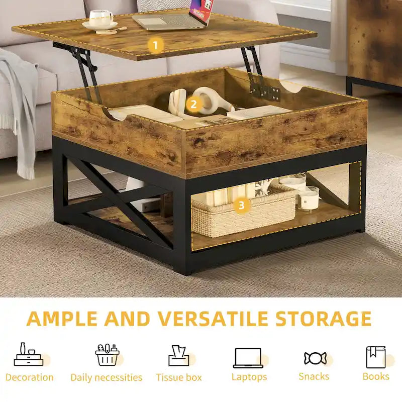 Table basse carrée à plateau relevable de style rustique avec rangement et étagère