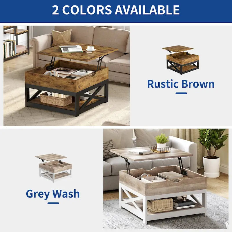 Table basse carrée à plateau relevable de style rustique avec rangement et étagère
