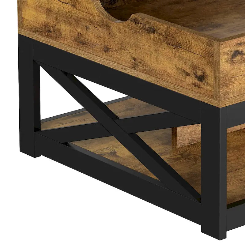 Table basse carrée à plateau relevable de style rustique avec rangement et étagère
