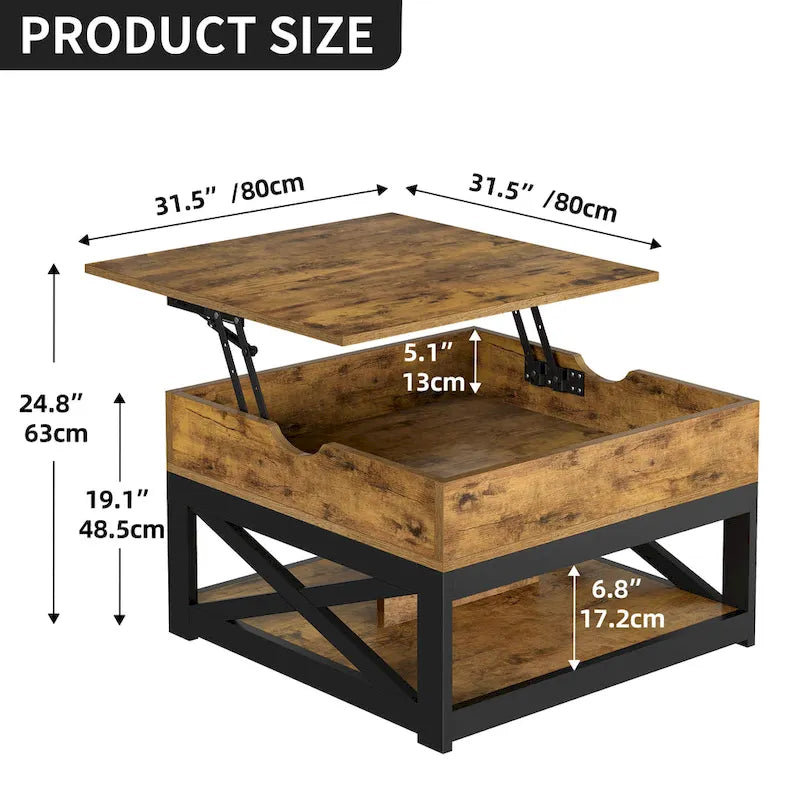 Table basse carrée à plateau relevable de style rustique avec rangement et étagère