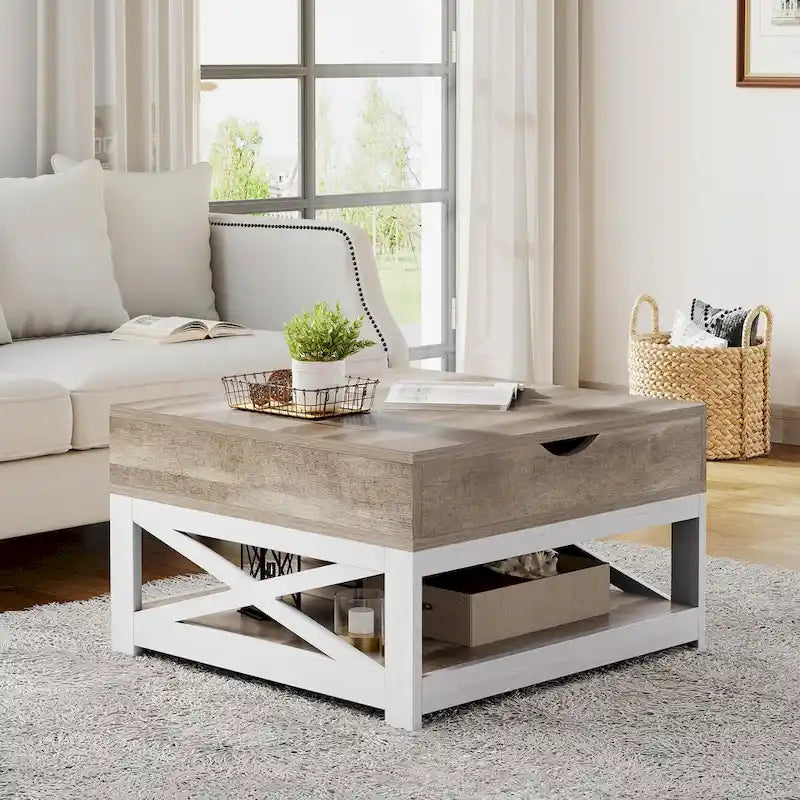 Table basse carrée à plateau relevable de style rustique avec rangement et étagère