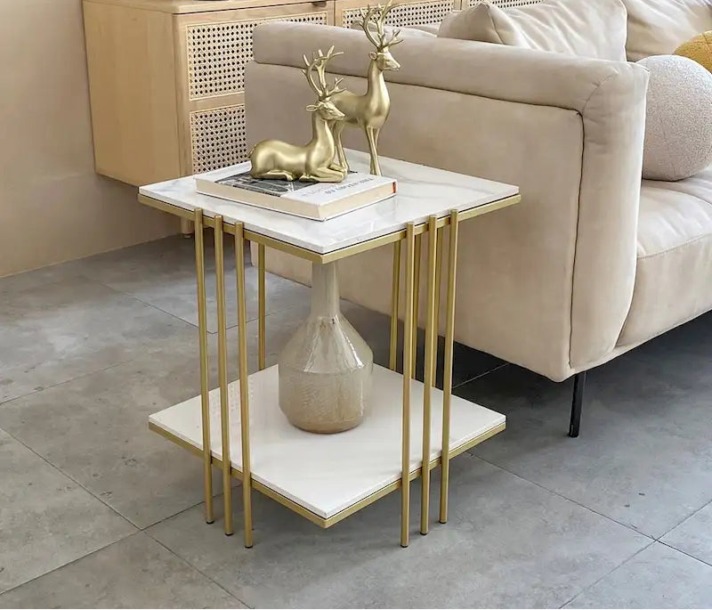 Marble Top Side Table 2 Tier Square Accent End Tables