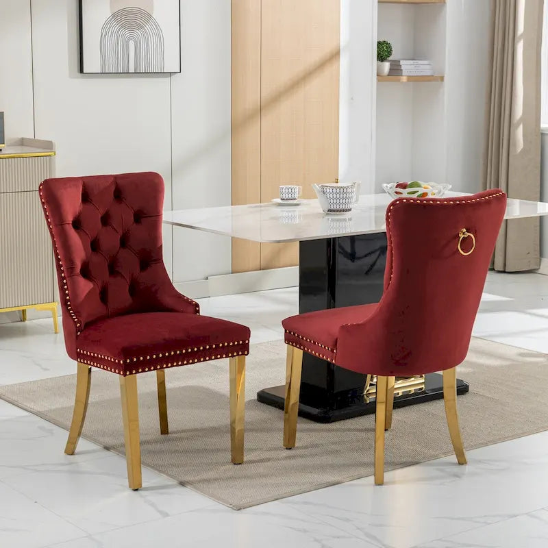 Set of 2 Velvet Dining Chairs with Nailhead Trim and Gold-Plated Legs
