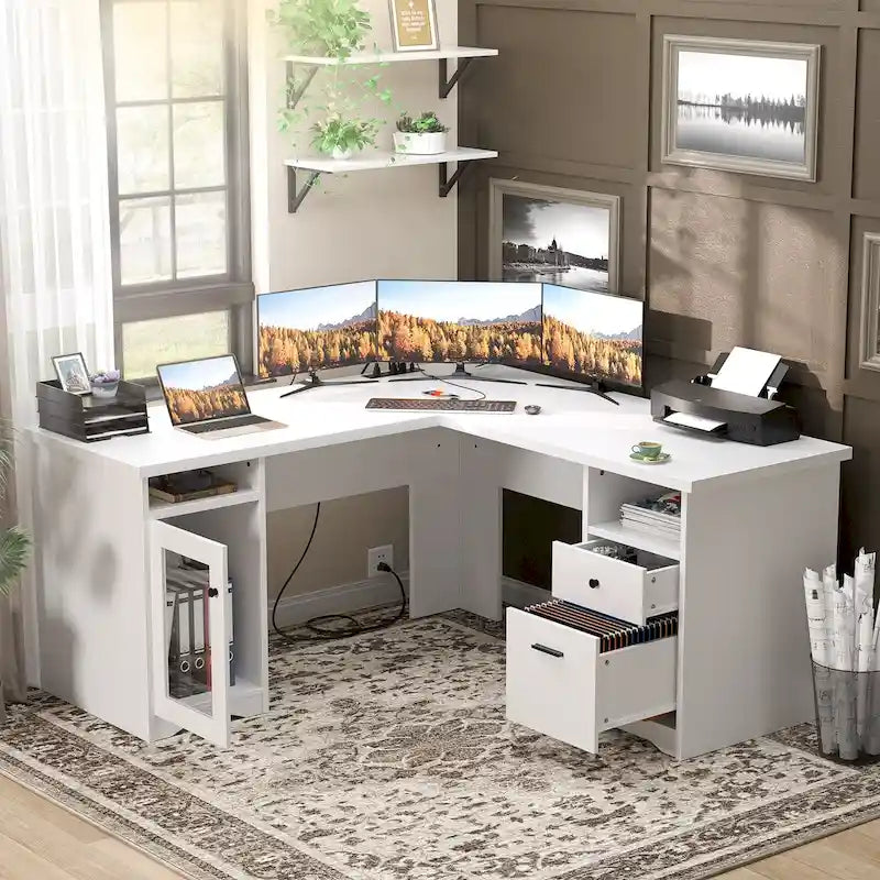 Bureau d'angle en L de style ferme moderne avec classeur et tiroirs, bureau de direction avec station de recharge