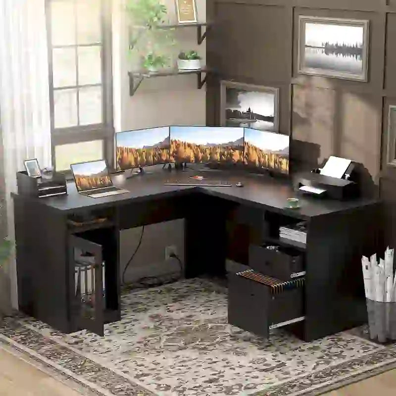Bureau d'angle en L de style ferme moderne avec classeur et tiroirs, bureau de direction avec station de recharge