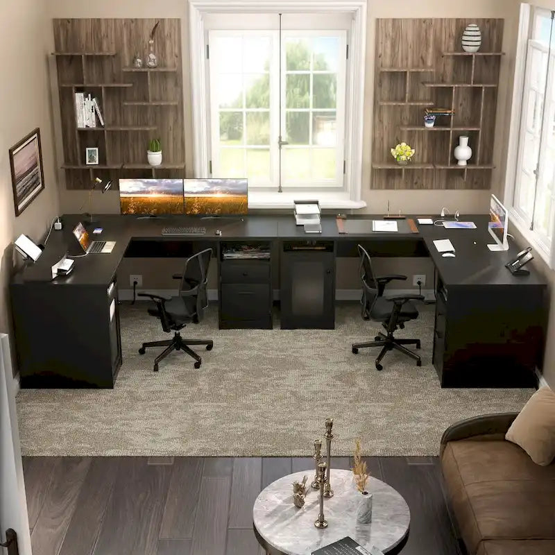 Bureau d'angle en L de style ferme moderne avec classeur et tiroirs, bureau de direction avec station de recharge