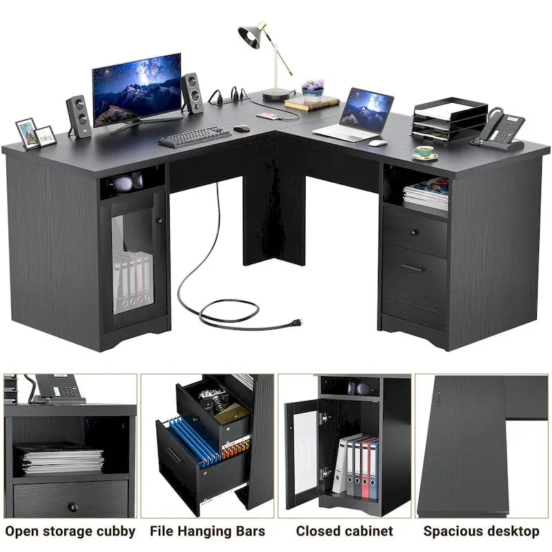 Bureau d'angle en L de style ferme moderne avec classeur et tiroirs, bureau de direction avec station de recharge
