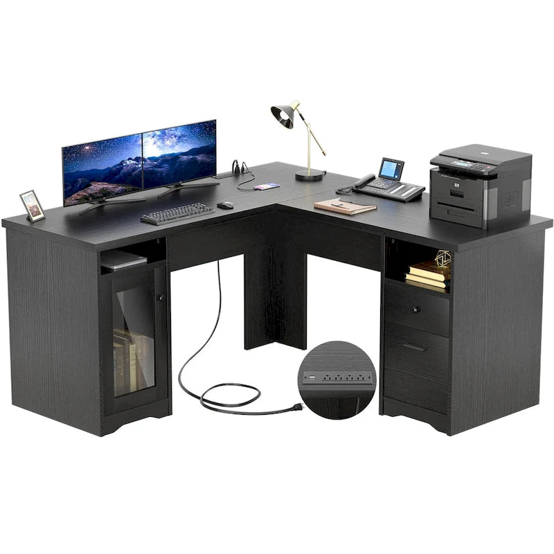 Bureau d'angle en L de style ferme moderne avec classeur et tiroirs, bureau de direction avec station de recharge
