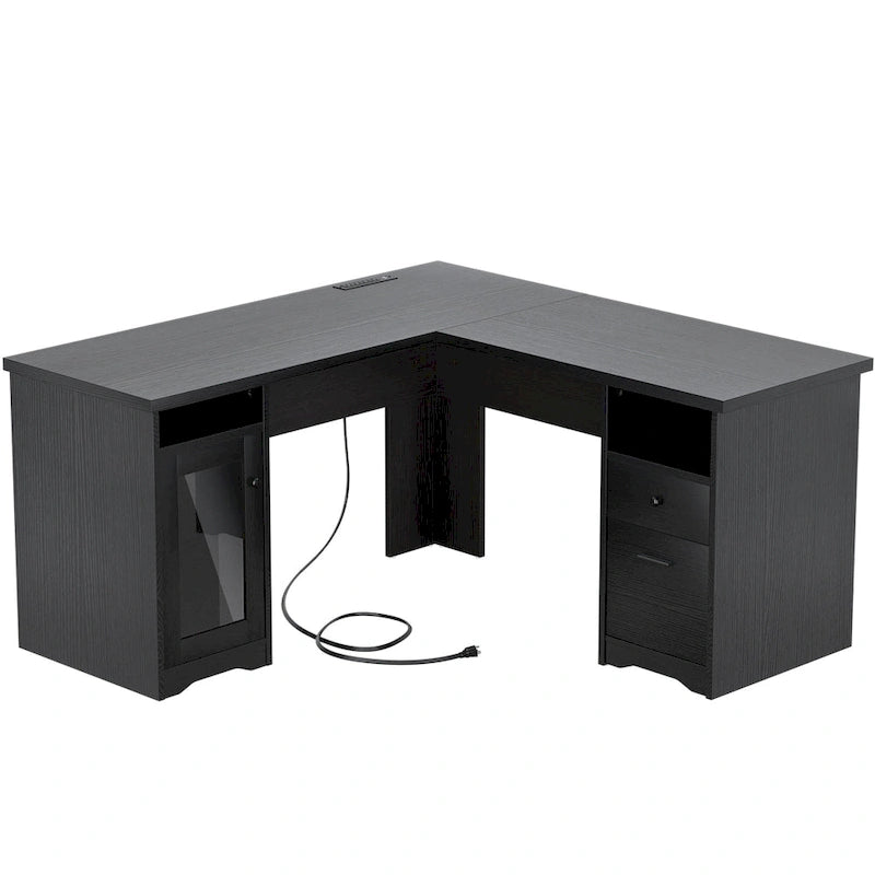 Bureau d'angle en L de style ferme moderne avec classeur et tiroirs, bureau de direction avec station de recharge