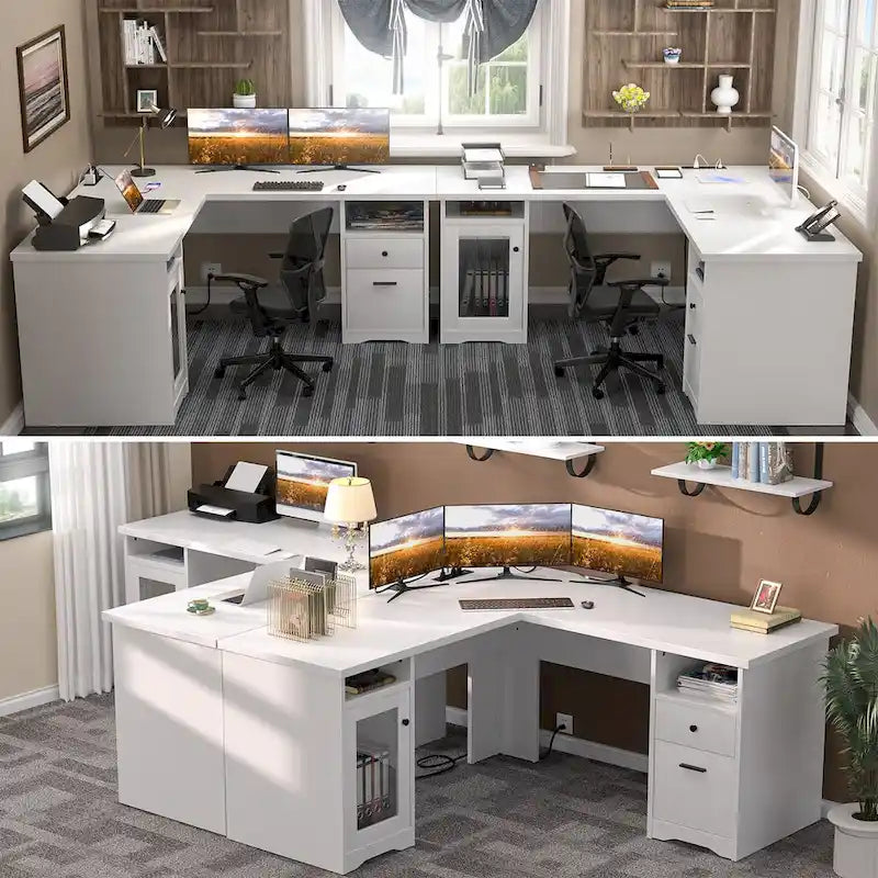 Bureau d'angle en L de style ferme moderne avec classeur et tiroirs, bureau de direction avec station de recharge
